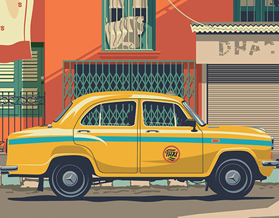 Yellow Kolkata taxi illustration